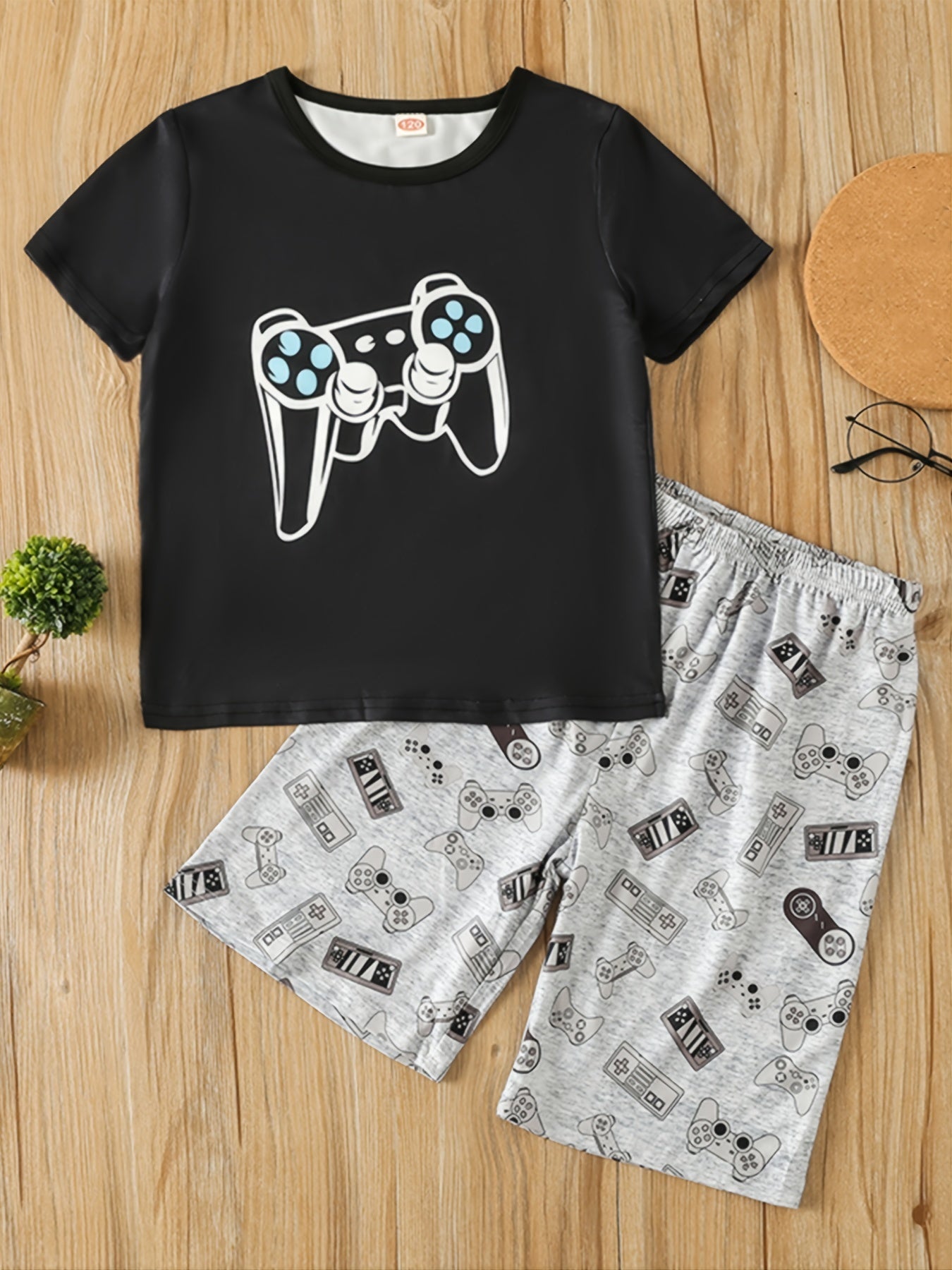 Boys Gamepad Print T Shirt & Shorts Set Summer Clothes