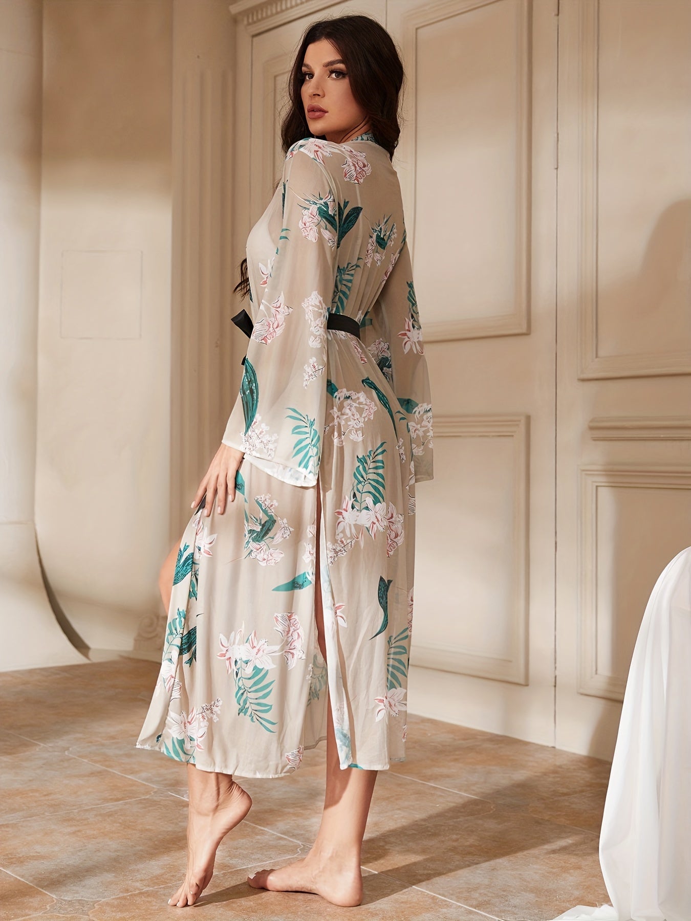 Floral Print Mesh Night Robe Long Sleeve V Neck Robe
