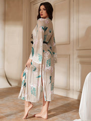 Floral Print Mesh Night Robe Long Sleeve V Neck Robe