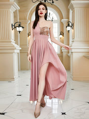 Sequined One Shoulder Aline Dress Split Dress For Party & Banquet