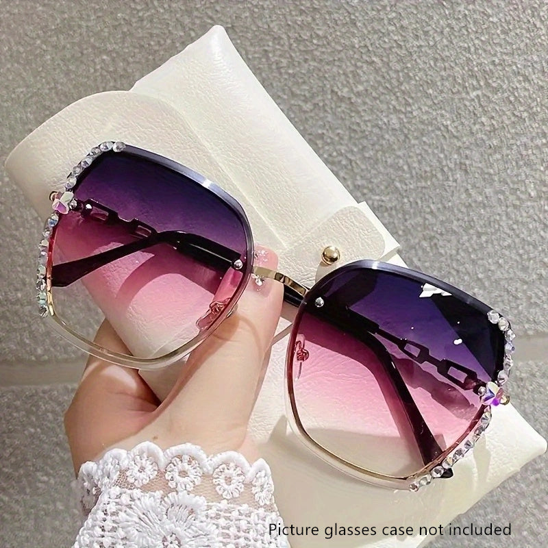 Oversized Rhinestone Sunglasses Gradient Rimless UV400