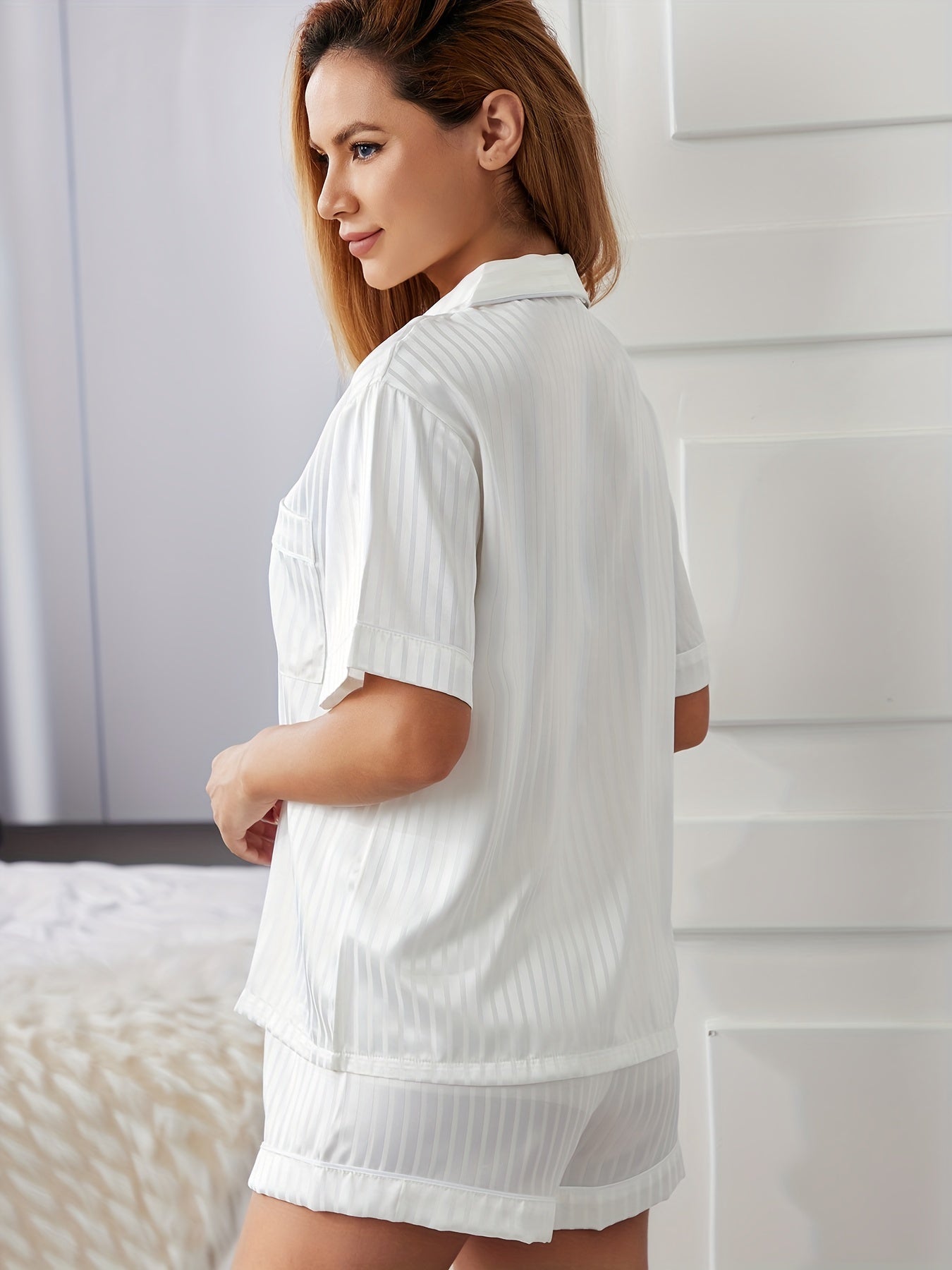 Striped Satin Pajama Set Short Sleeve Top & Shorts Women's Sleepwear