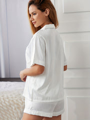 Striped Satin Pajama Set Short Sleeve Top & Shorts Women's Sleepwear