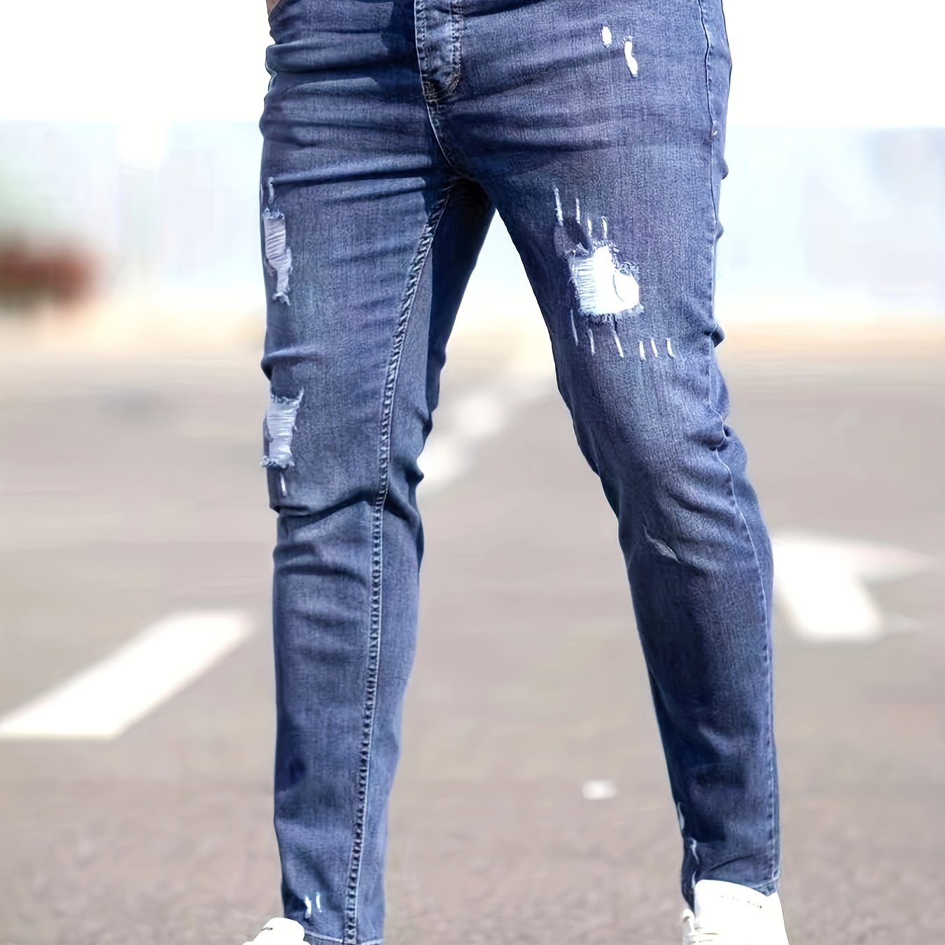 Men's Slim Fit Ripped Cotton Jeans Street Style Stretch Denim Pants