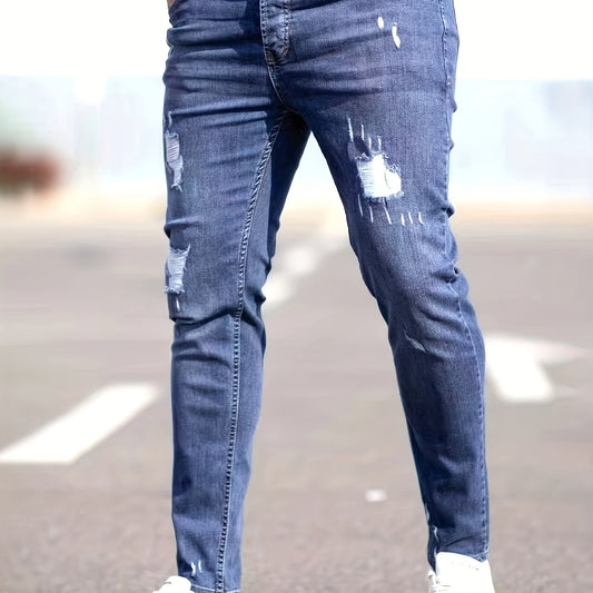 Men's Slim Fit Ripped Cotton Jeans Street Style Stretch Denim Pants
