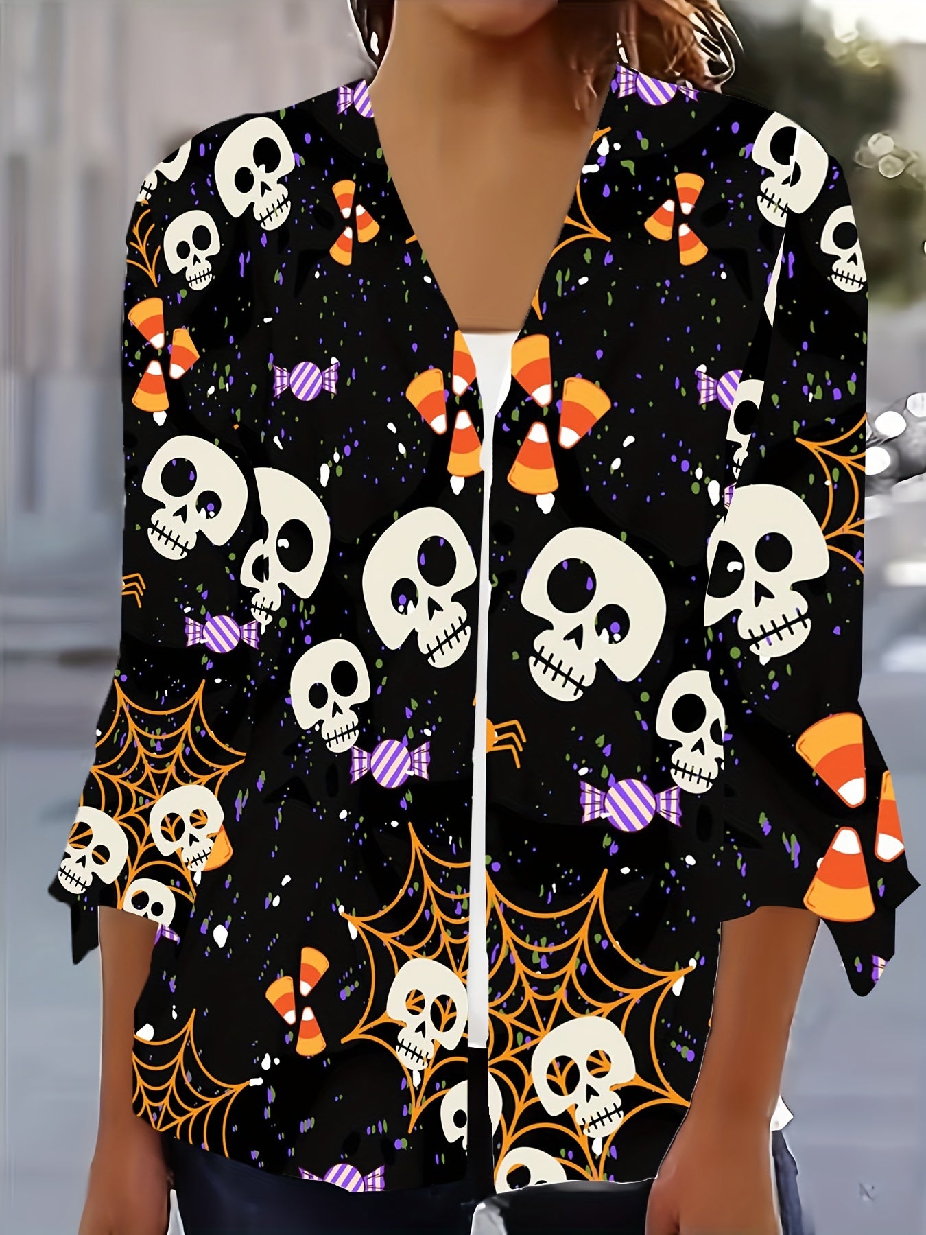 Web & Skull Print Bell Sleeve Cardigan