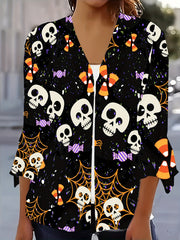 Web & Skull Print Bell Sleeve Cardigan