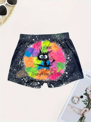 Cat & Letter Print Skinny Shorts for Women