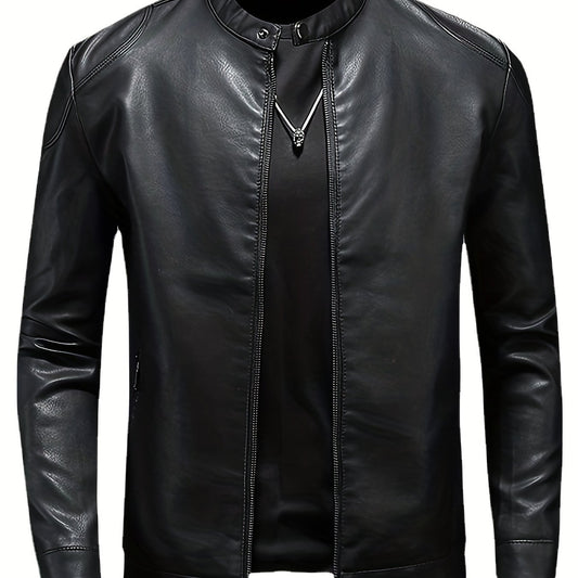 Men's Retro PU Biker Jacket Zip Up Stand Collar