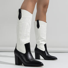 Embroidered Western Boots Point Toe Mid Calf Heel Shoes