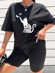 2pcs Butterfly Cat Graphic T shirts & Shorts Women's Activewear