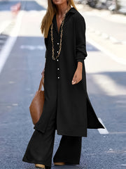 Solid Button Up Long Sleeve Lapel Casual Outfit Set