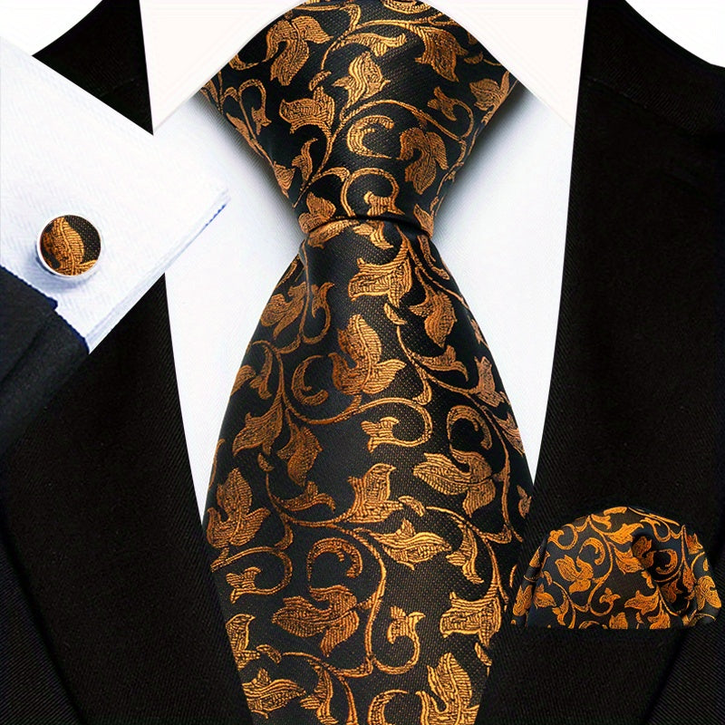 Men's Floral Plaid Necktie Handkerchief Clip Set