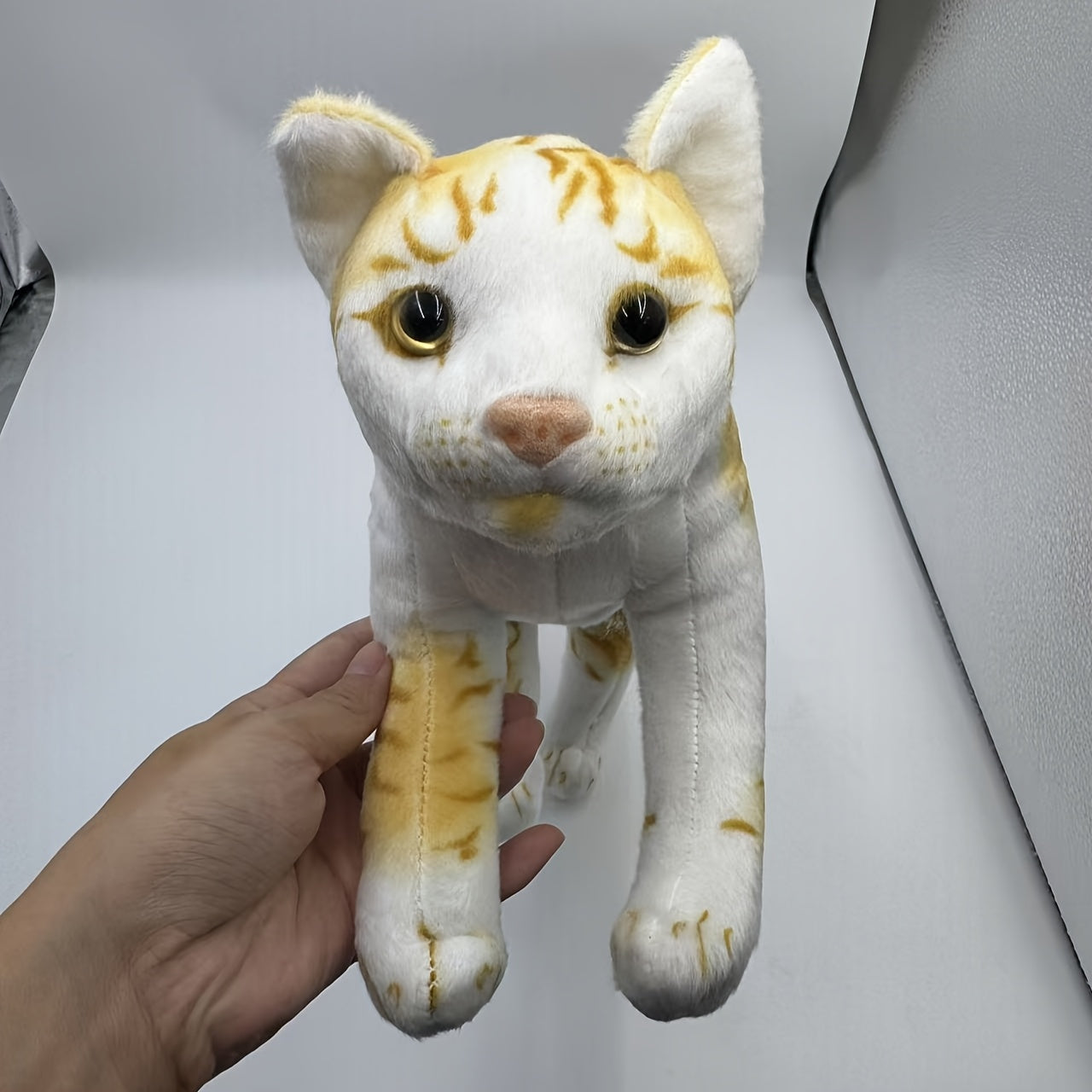 Yellow Striped Cartoon Cat Plush Toy with Green Eyes