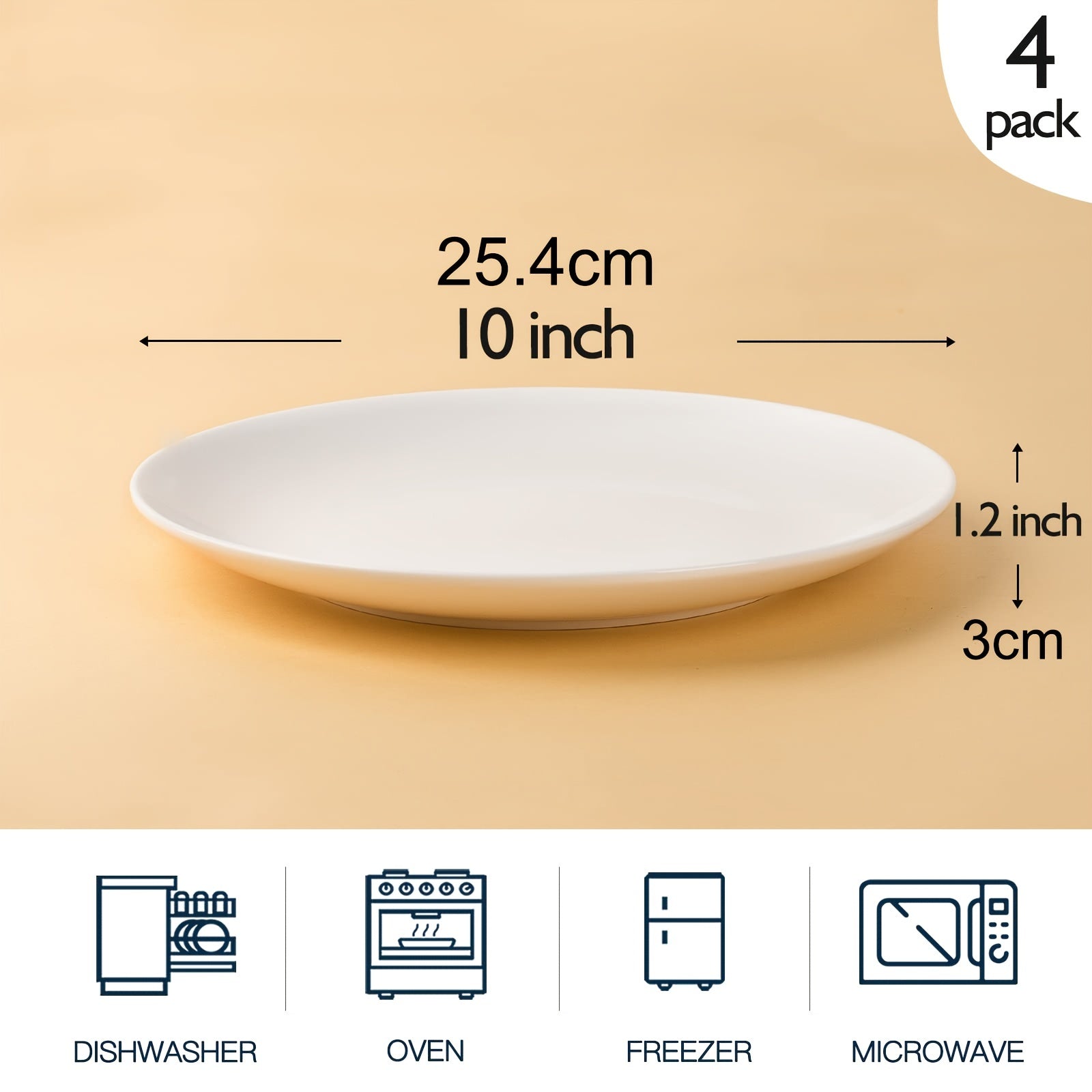 4 PCS 25 Dinner Plates Set Porcelain Scratch Resistant