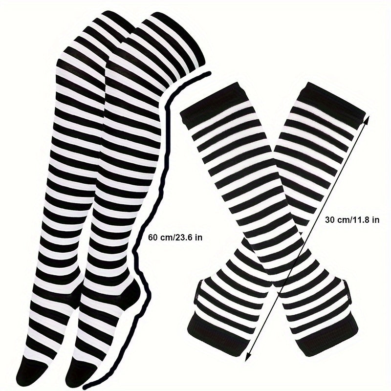 2 Pairs Set Long Over Knee Socks Colorful Striped Gloves Set