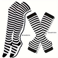 2 Pairs Set Long Over Knee Socks Colorful Striped Gloves Set