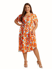 Floral Print V-Neck Midi Dress, Plus Size