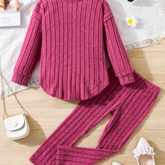 Girl's Ribbed Top & Leggings Set Soft Casual Outfits