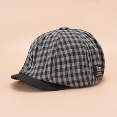 Plaid Beret Cap Label Patch Painter Hat Vintage Newsboy Style