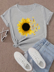 Sunflower Graphic Sports T-shirt Butterfly Print Casual Top