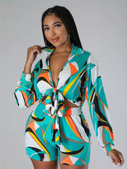 Holiday Abstract Print Set Tie Front Shirt & Shorts Outfit