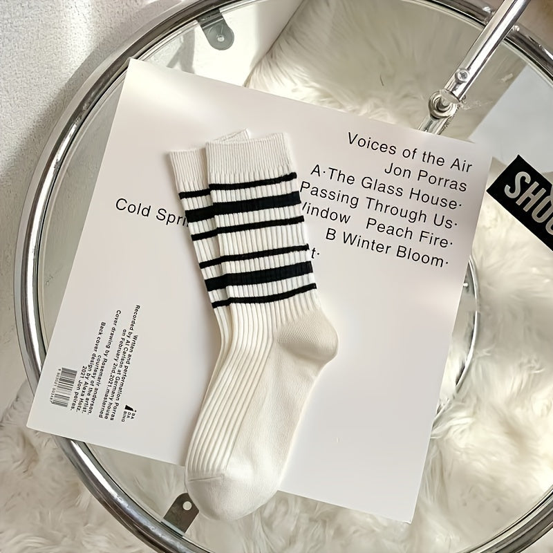5 Pairs Striped Crew Socks Breathable Mid Tube Stockings