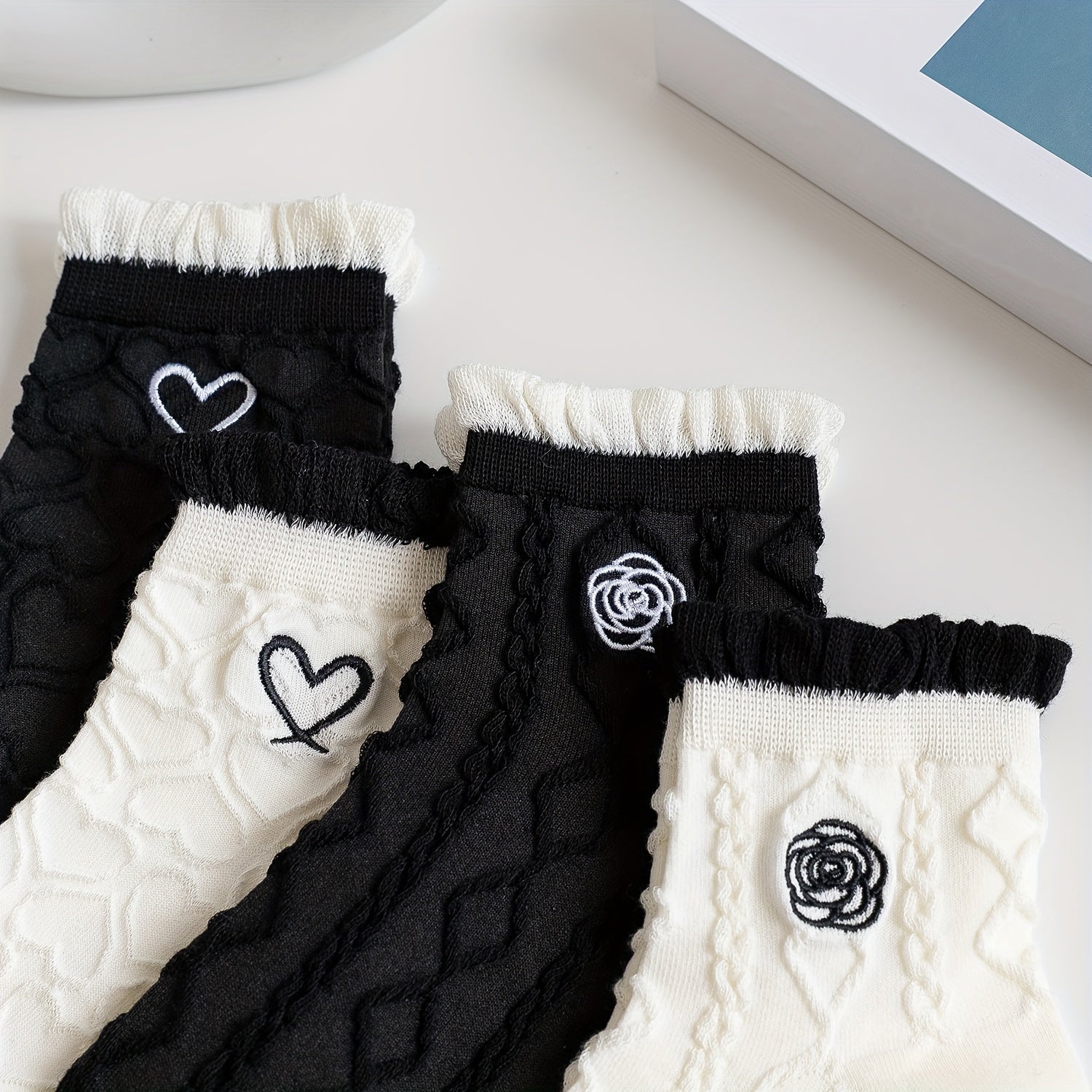 4 Pairs Textured Ruffle Socks Embroidery Short Socks