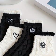 4 Pairs Textured Ruffle Socks Embroidery Short Socks