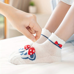 5pcs Cartoon Cat Breathable Lace Crew Socks Girls Cotton Socks