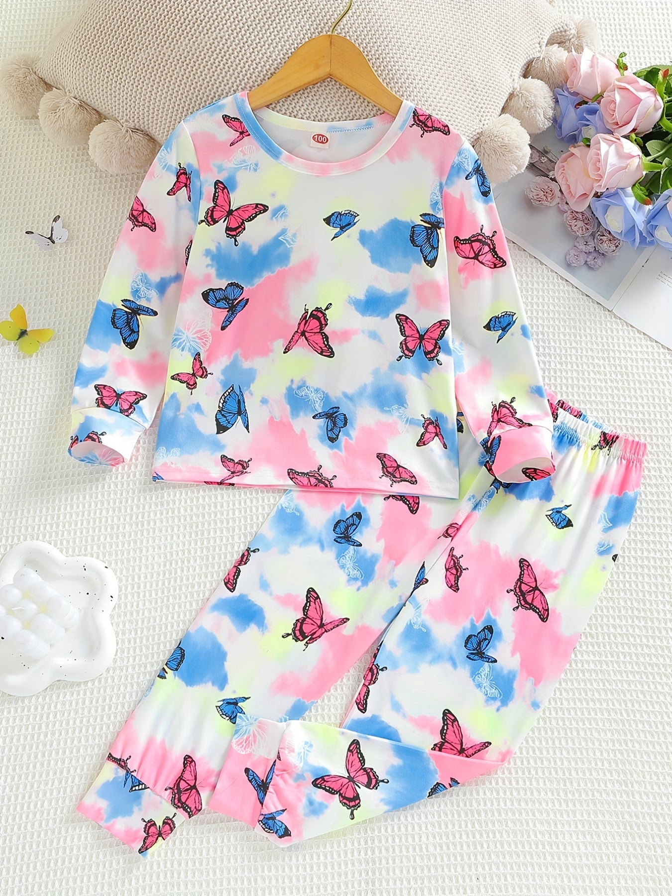 Kid's Butterfly Tie dye Print Pajama Set Long Sleeve Top & Elastic Waist Pants