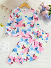 Kid's Butterfly Tie dye Print Pajama Set Long Sleeve Top & Elastic Waist Pants