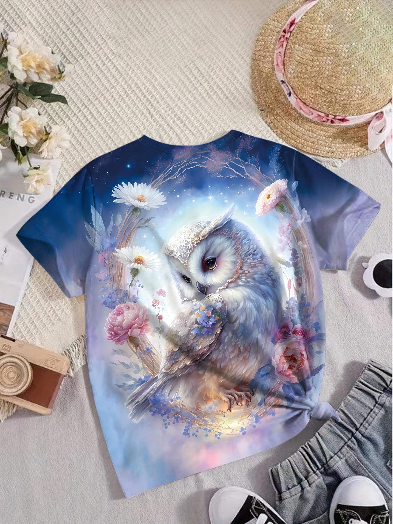 Girls Dreamy Owl & Flower Graphic Short Sleeve T shirt - Summer Clothes