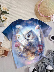 Girls Dreamy Owl & Flower Graphic Short Sleeve T shirt - Summer Clothes