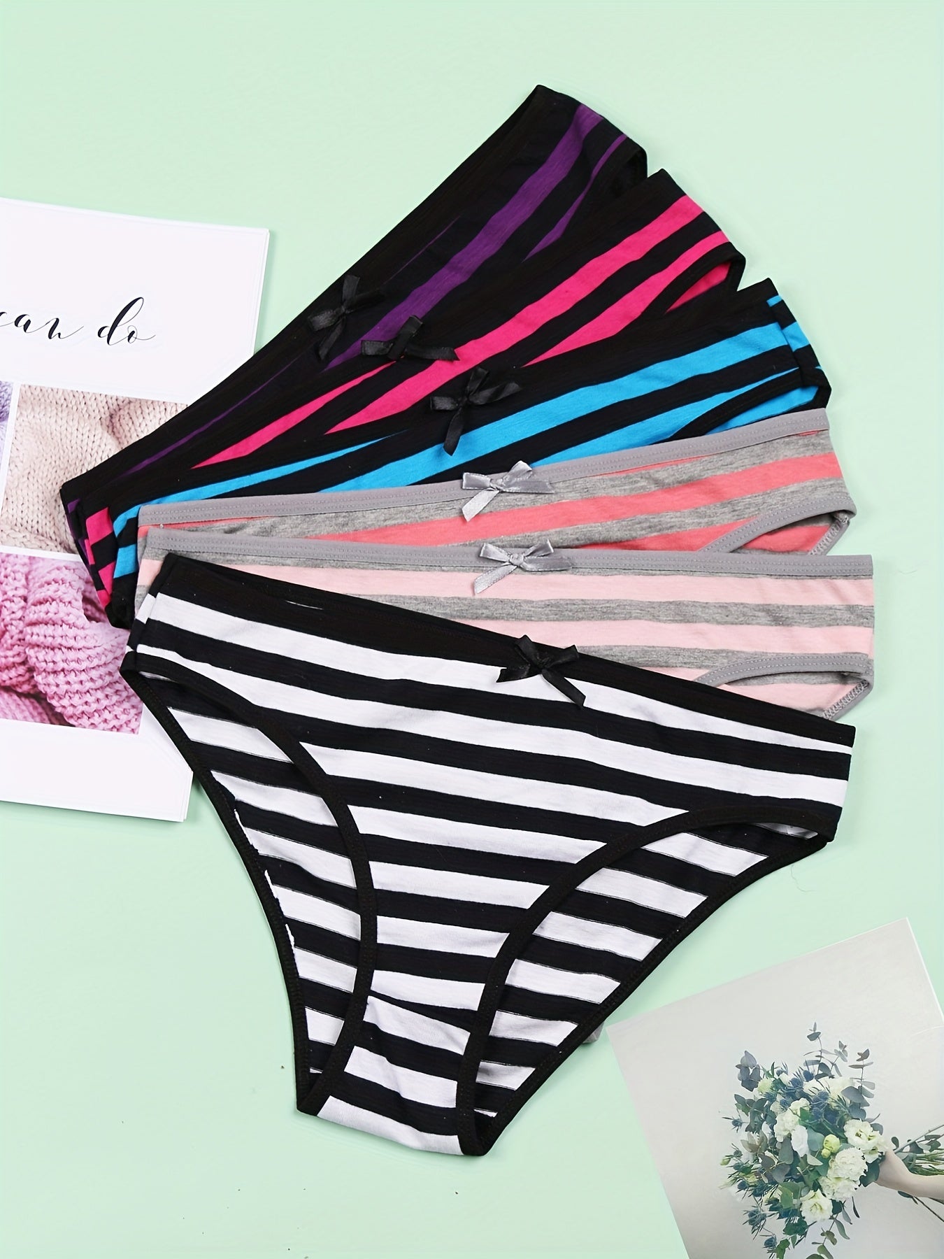 6 Pcs Striped Bow Tie Briefs Comfy Stretchy Intimates Panties