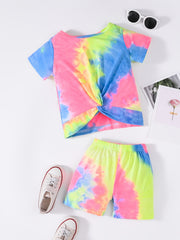 2pcs Girls Rainbow Tie Dye T Shirts & Shorts Set Kids Summer Clothes