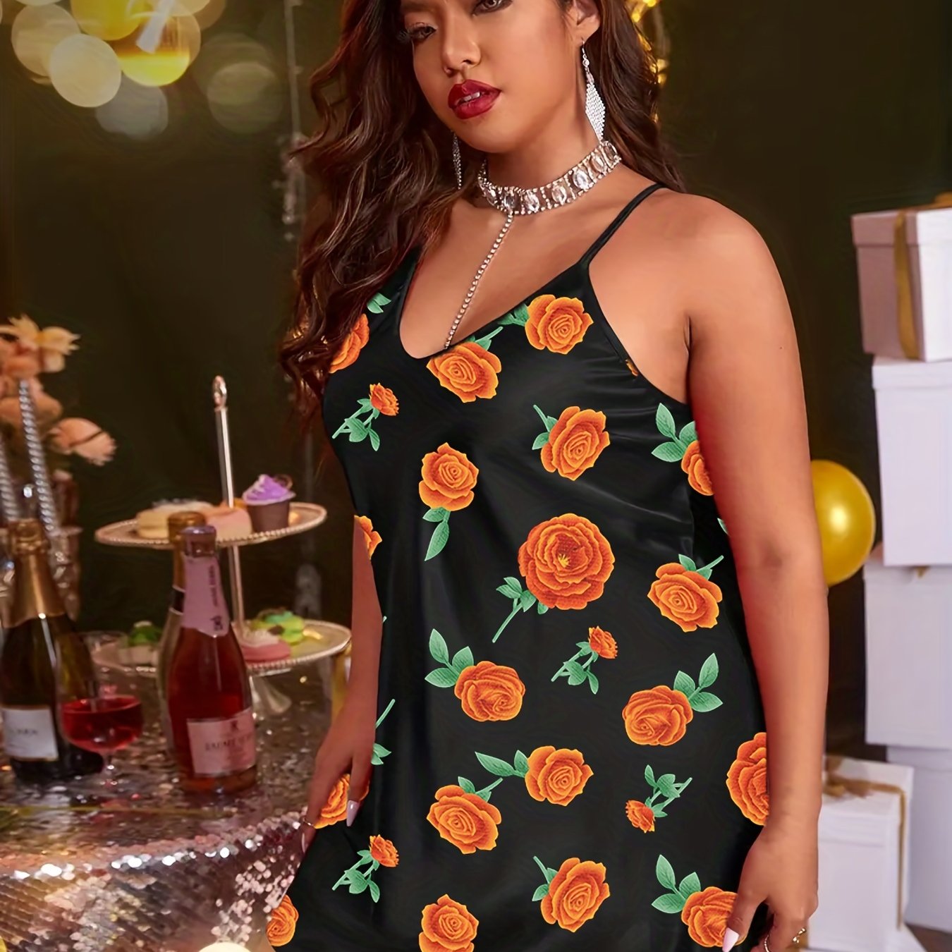 Satin Floral Print V Neck Cami Sleep Dress