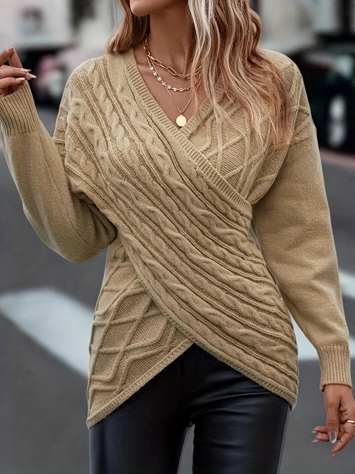 Boho Surplice Neck Sweater Long Sleeve Drop Shoulder