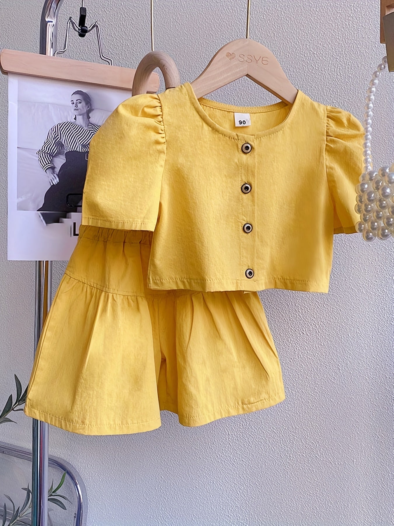 Girls Puff Sleeve Button Top & Shorts Set