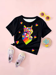 Rainbow Kitty & Heart Graphic Short Sleeve T shirt Girls Summer Clothes