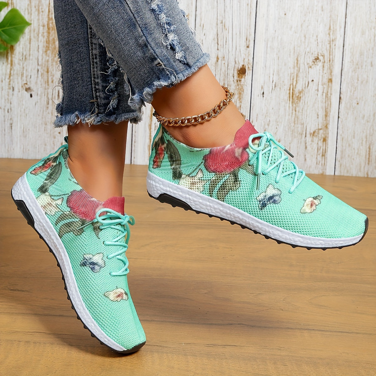 Floral Pattern Sneakers Lace Up Round Toe Lightweight Shoes