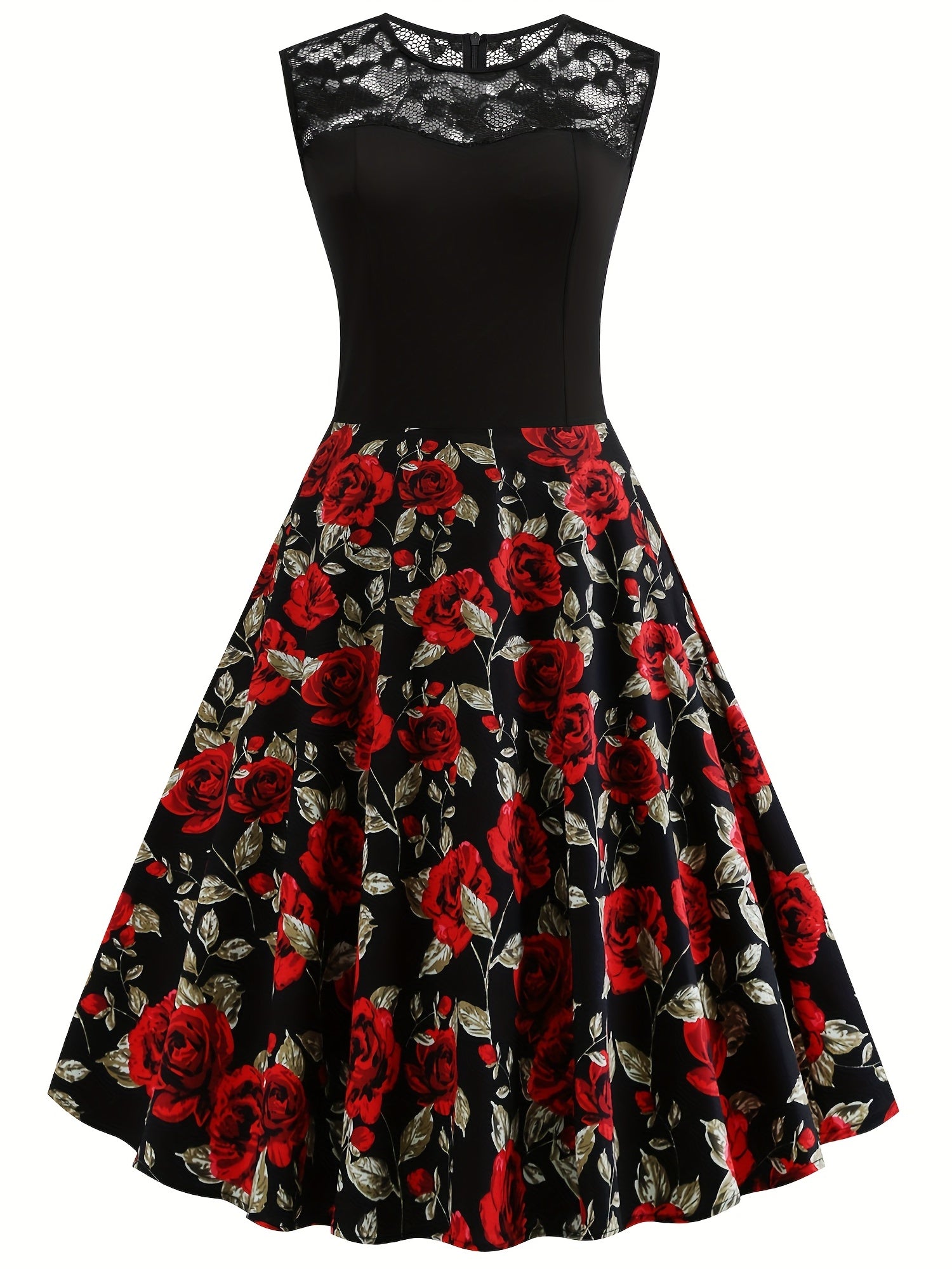 Vintage Dark Peony Sleeveless Dress Contrast Lace Print
