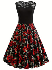 Vintage Dark Peony Sleeveless Dress Contrast Lace Print