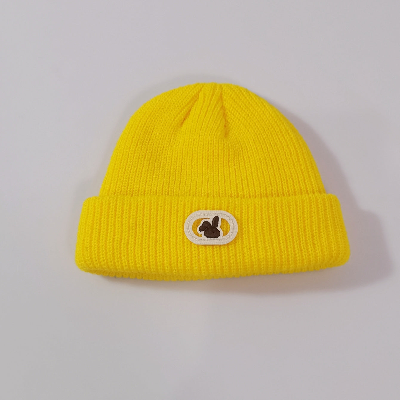 Rabbit Label Embroidery Beanie Solid Knit Hat Elastic Casual Skull Cap