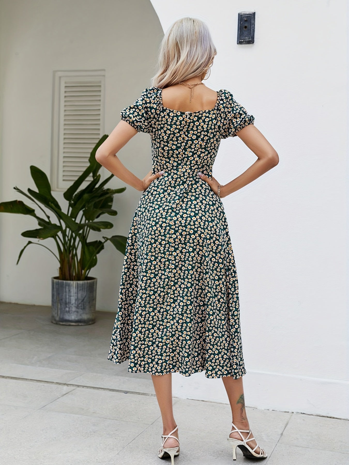Floral Square Neck Split Dress Short Sleeve Spring Summer Women's Clothing