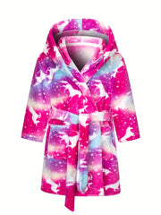 Kid's Unicorn Tie Dye Flannel Bathrobe Soft Coral Fleece Pajama