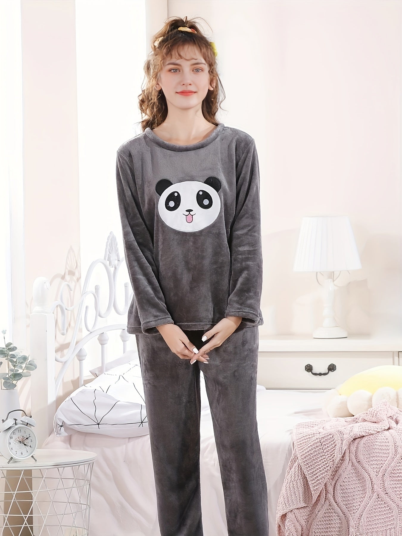 Girls Flannel Pajama Set Panda Print Soft Warm Long Sleeve Casual Loungewear
