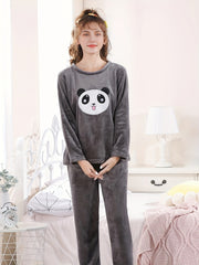 Girls Flannel Pajama Set Panda Print Soft Warm Long Sleeve Casual Loungewear