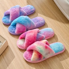Women's Tie Dye Plush House Slippers Warm Open Toe Slip On Shoes