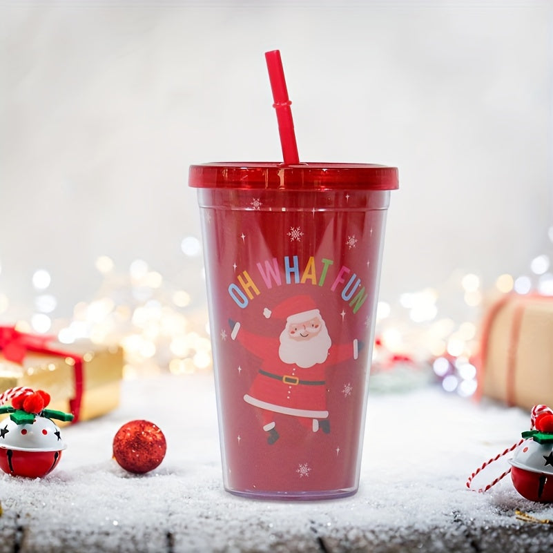 Red Double Layer Plastic Cup With Straw - 710ml Capacity